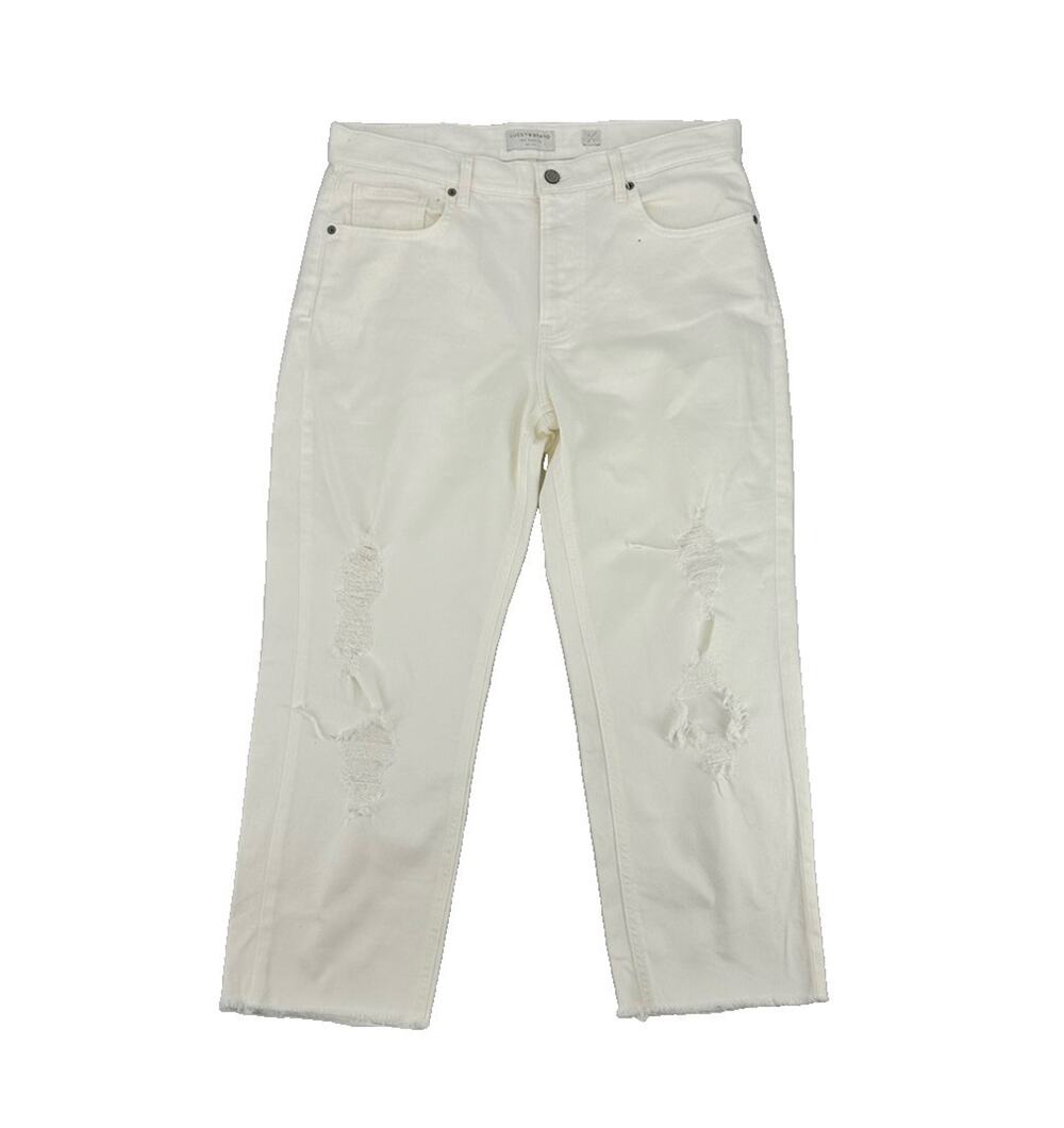 Lucky Brand 12 Women Boy Mid Rise Relaxed Straight Distressed Jeans Ivory C32v